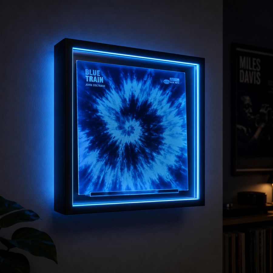 Brightsplay concept: wall-mounted LED display frame holding a 12-inch record with a glowing blue light ring